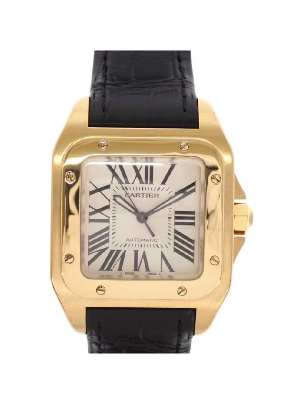 Cartier Santos 100 Watch 18 Yellow Gold Strap Black Automatic White Dial Boys